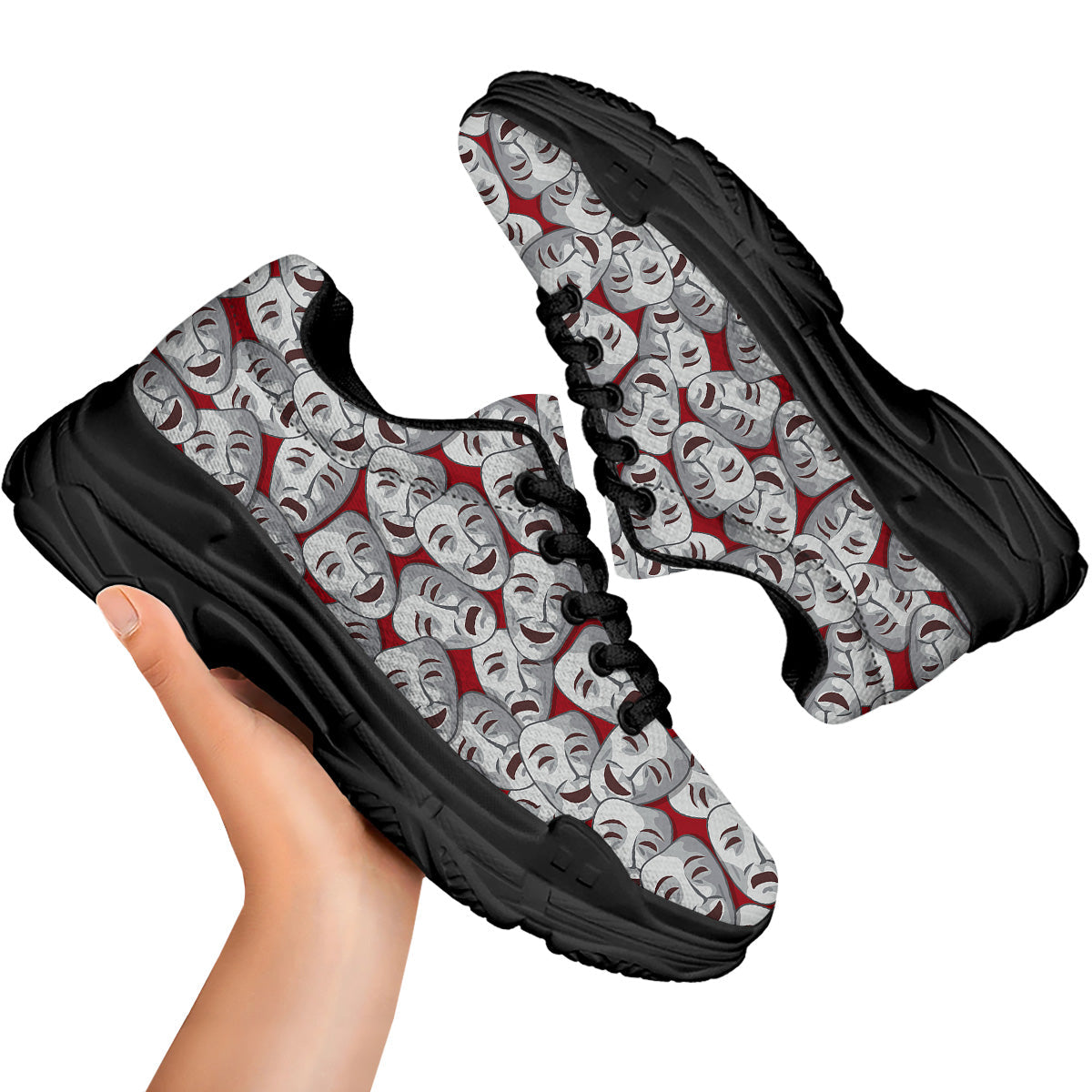Happy And Sad Theatrical Masks Print Pattern Black Chunky Shoes-grizzshop