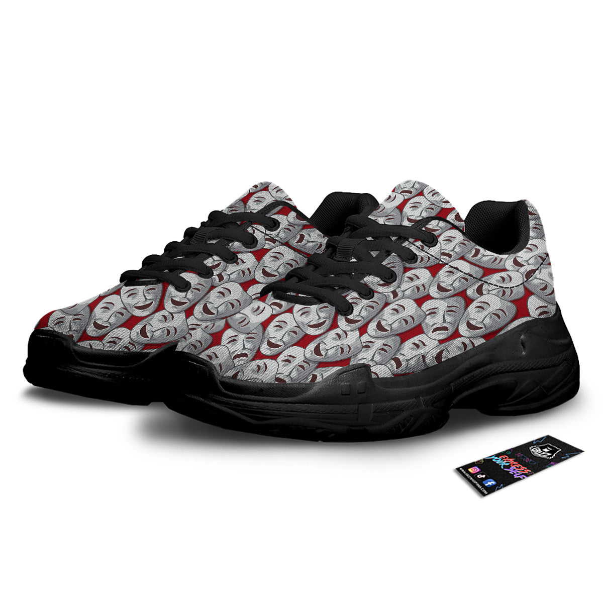 Happy And Sad Theatrical Masks Print Pattern Black Chunky Shoes-grizzshop