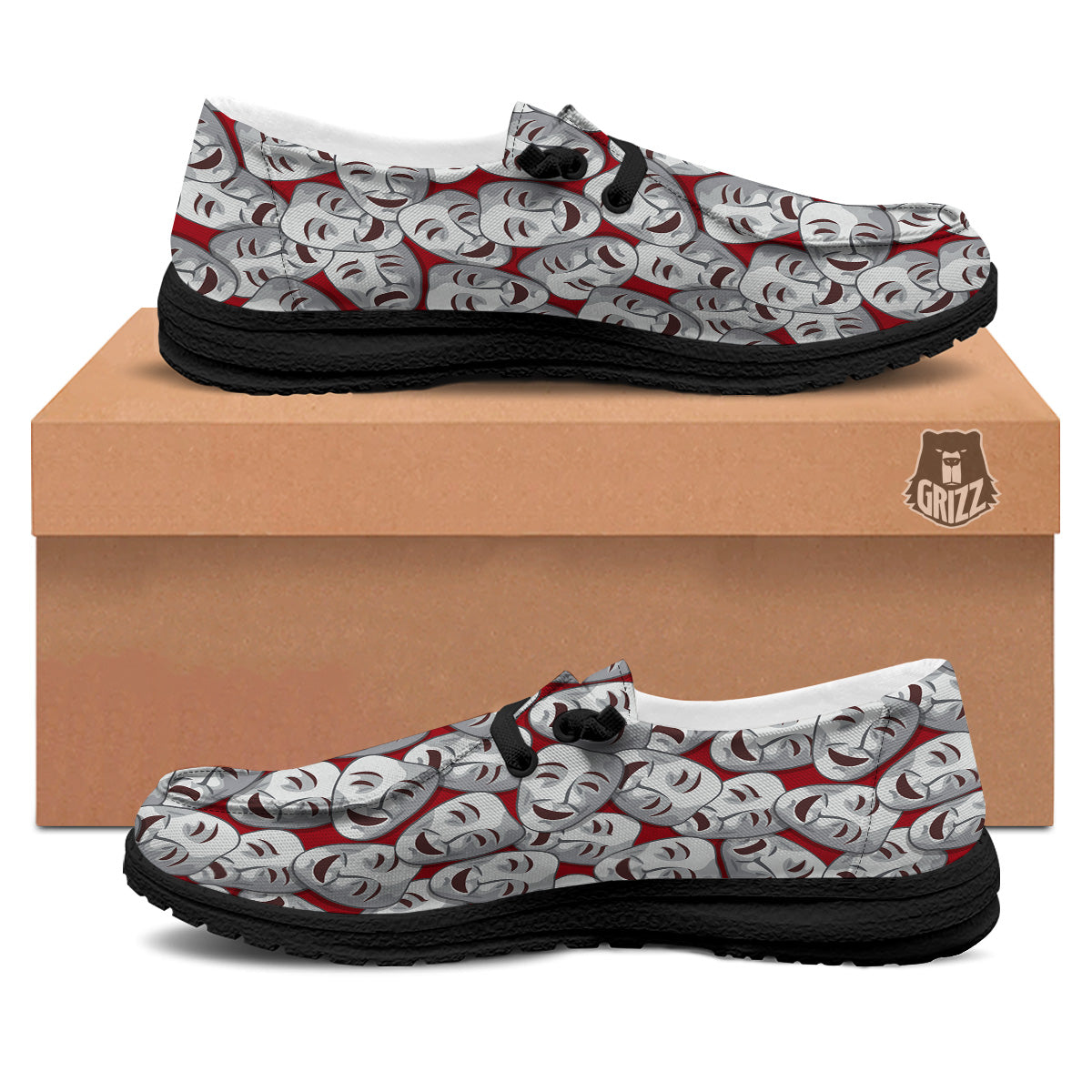 Happy And Sad Theatrical Masks Print Pattern Black Loafers-grizzshop