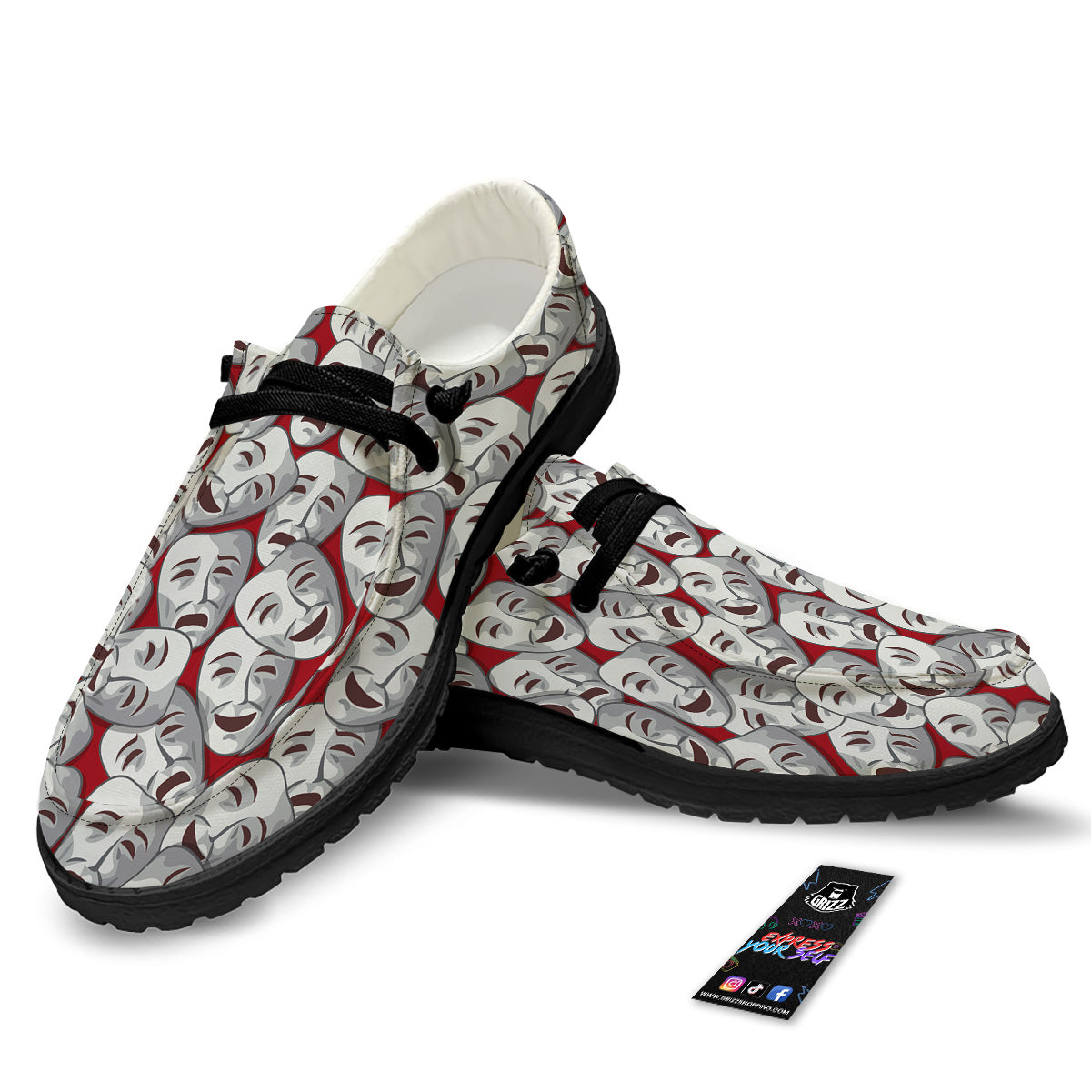 Happy And Sad Theatrical Masks Print Pattern Black Loafers-grizzshop