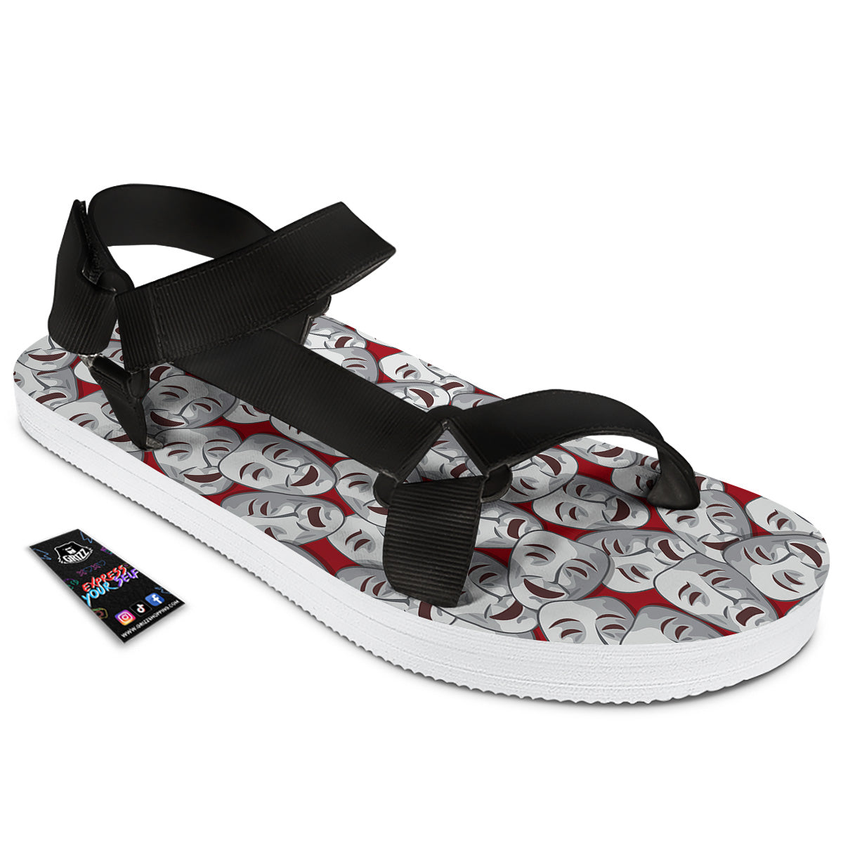 Happy And Sad Theatrical Masks Print Pattern Black Open Toe Sandals-grizzshop
