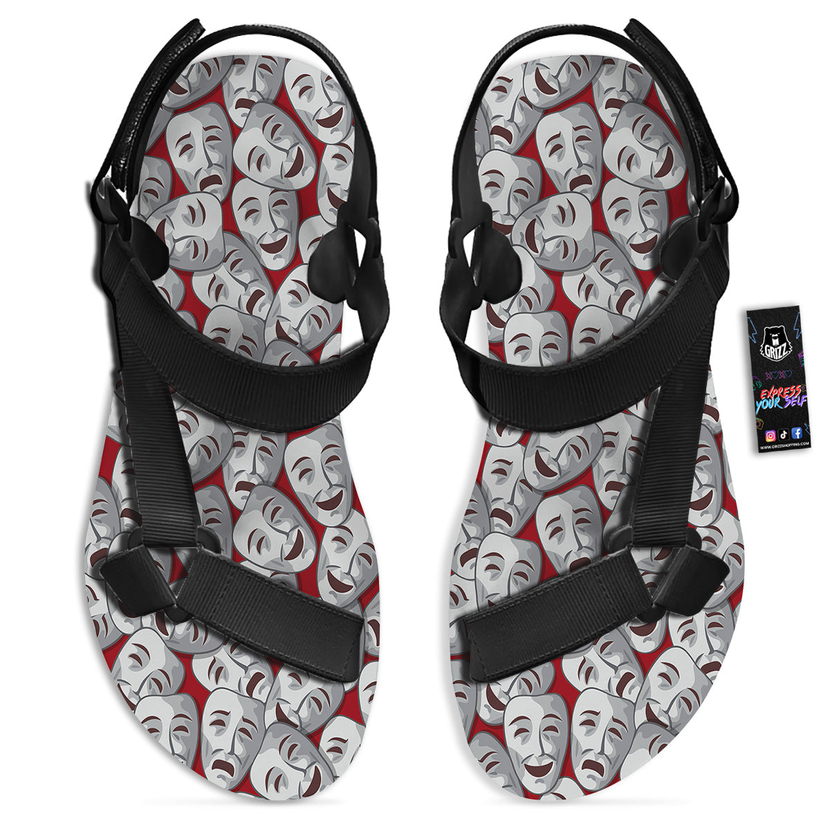 Happy And Sad Theatrical Masks Print Pattern Black Open Toe Sandals-grizzshop