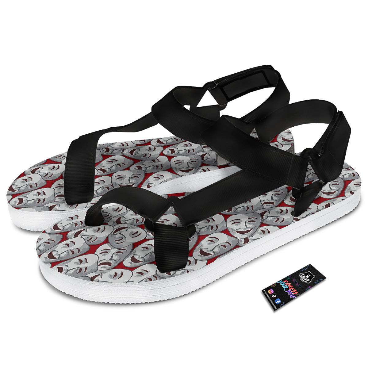 Happy And Sad Theatrical Masks Print Pattern Black Open Toe Sandals-grizzshop