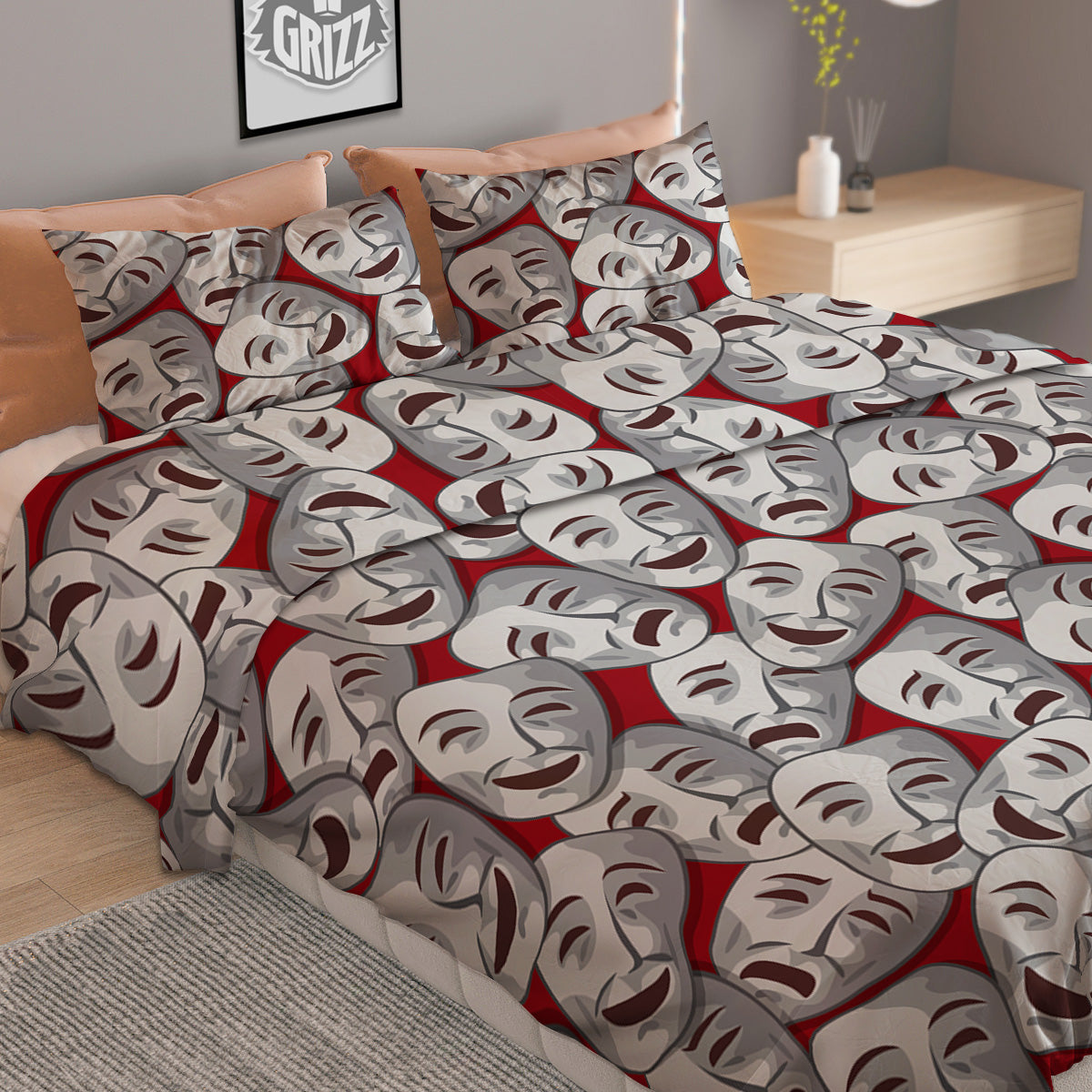 Happy And Sad Theatrical Masks Print Pattern Duvet Cover Bedding Set