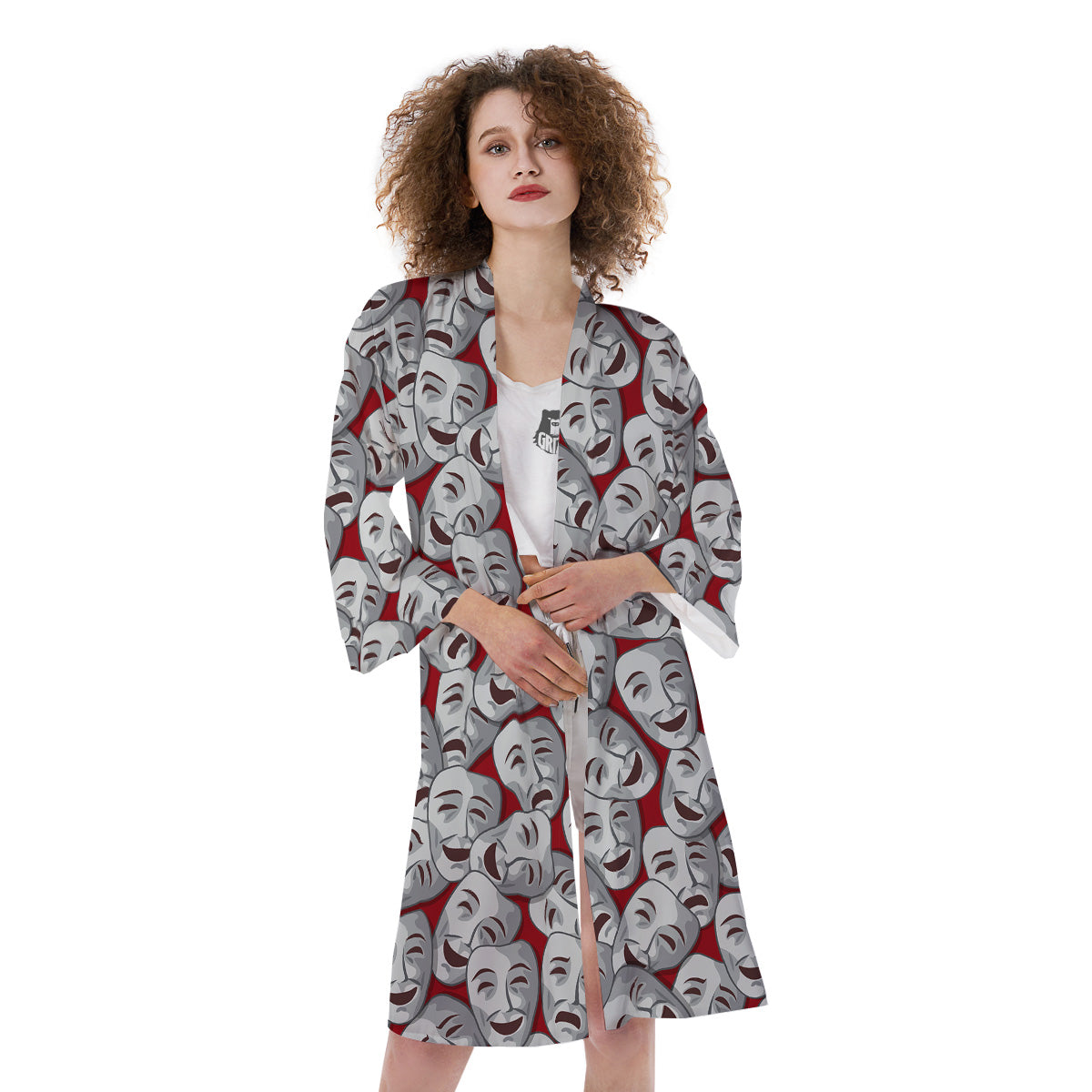 Happy And Sad Theatrical Masks Print Pattern Kimono-grizzshop