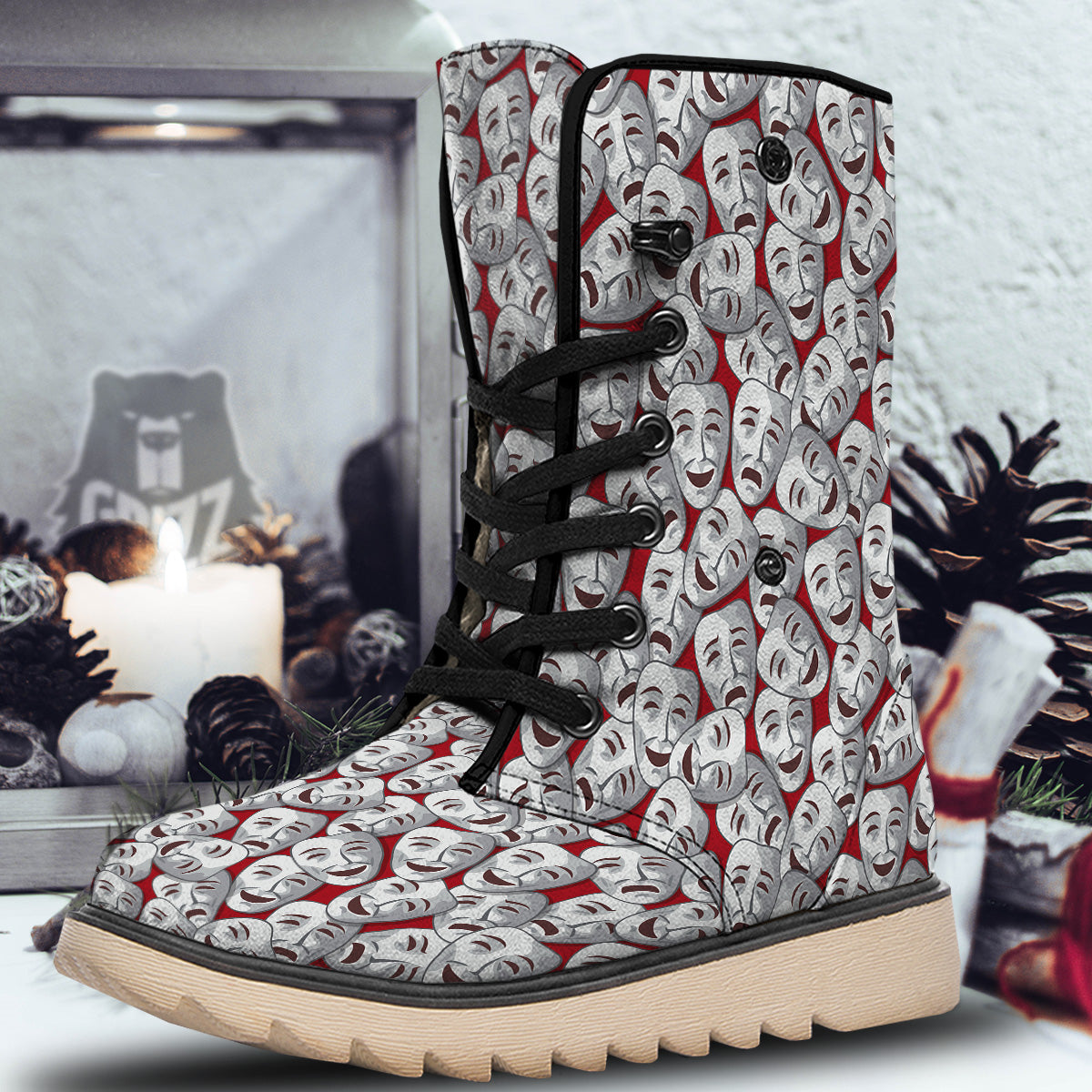 Happy And Sad Theatrical Masks Print Pattern Snow Boots-grizzshop