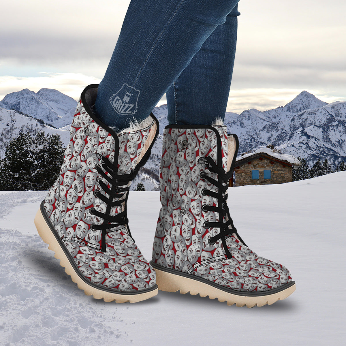 Happy And Sad Theatrical Masks Print Pattern Snow Boots-grizzshop