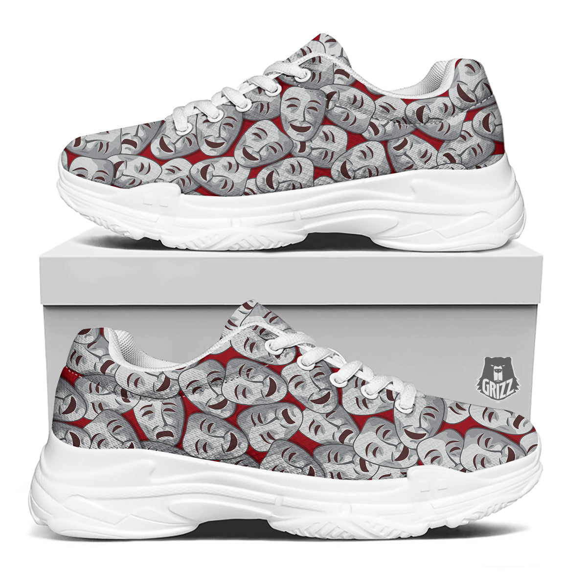 Happy And Sad Theatrical Masks Print Pattern White Chunky Shoes-grizzshop
