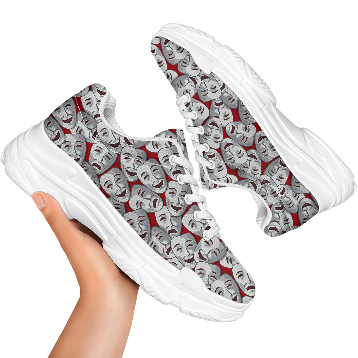 Happy And Sad Theatrical Masks Print Pattern White Chunky Shoes-grizzshop