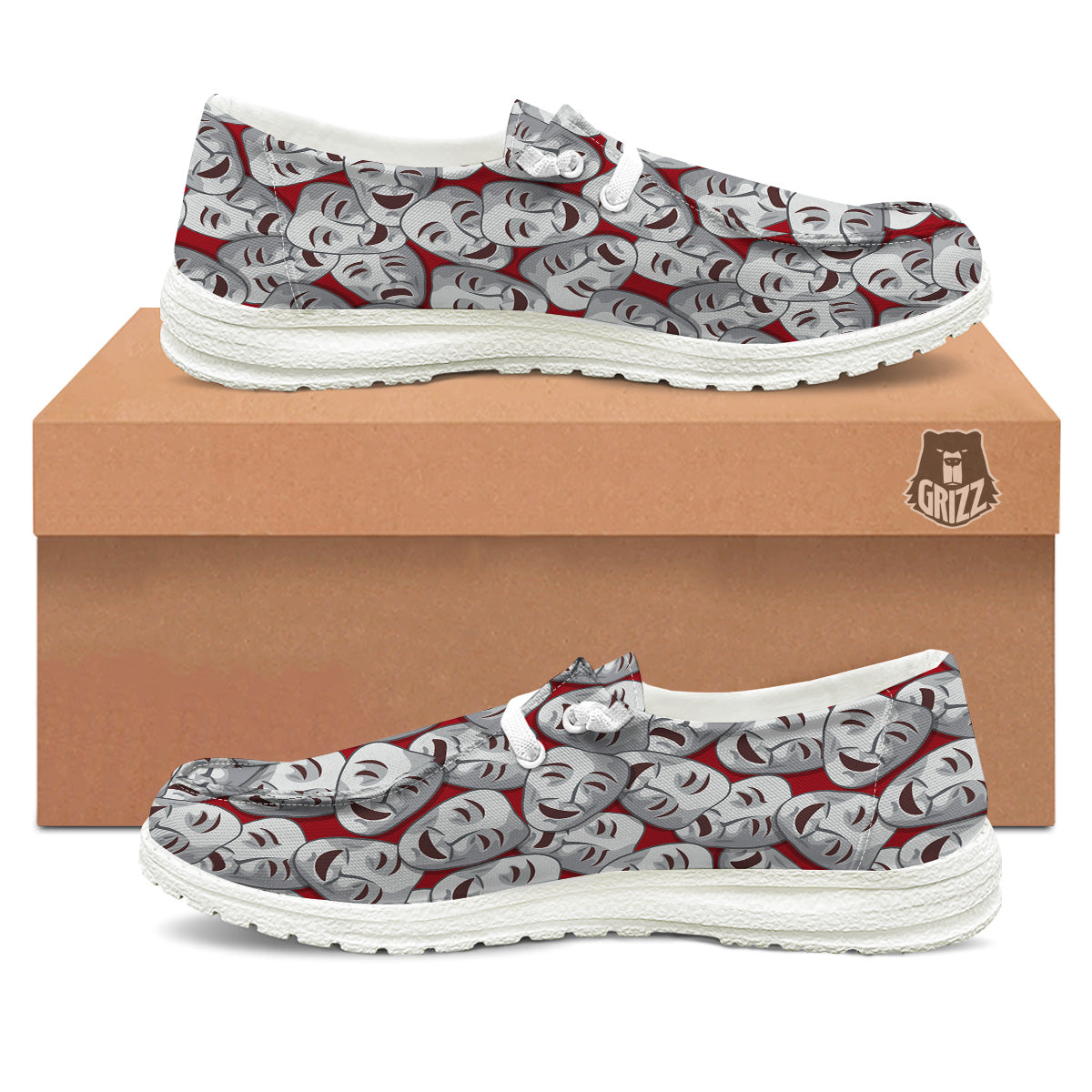 Happy And Sad Theatrical Masks Print Pattern White Loafers-grizzshop