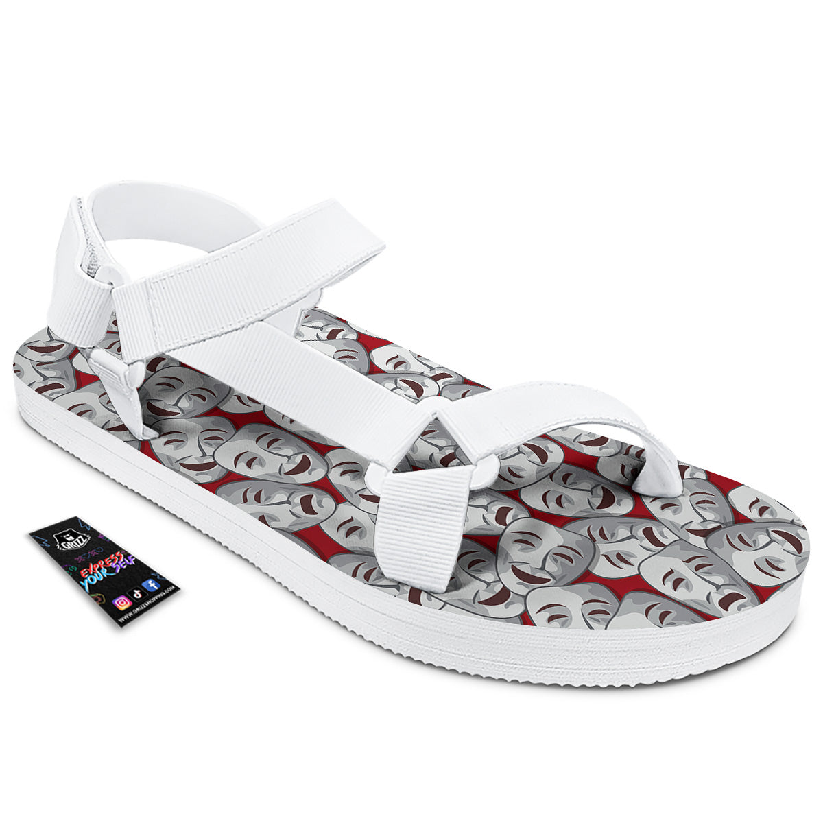 Happy And Sad Theatrical Masks Print Pattern White Open Toe Sandals-grizzshop
