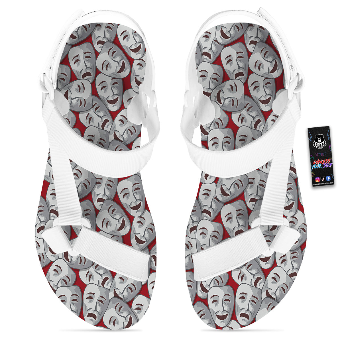 Happy And Sad Theatrical Masks Print Pattern White Open Toe Sandals-grizzshop