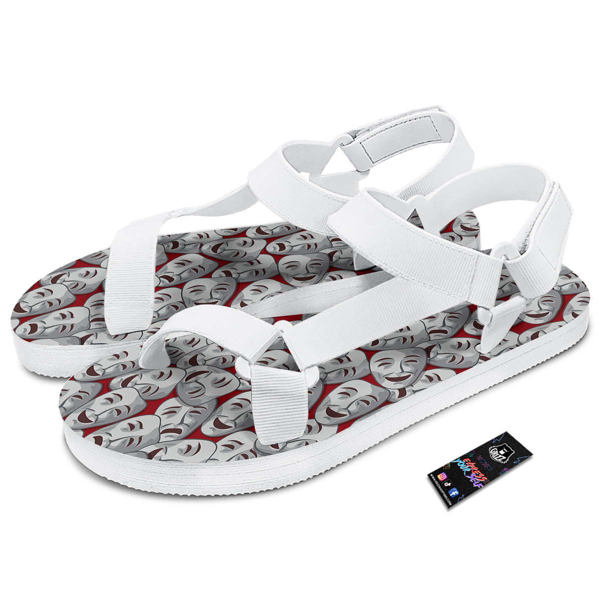 Happy And Sad Theatrical Masks Print Pattern White Open Toe Sandals-grizzshop