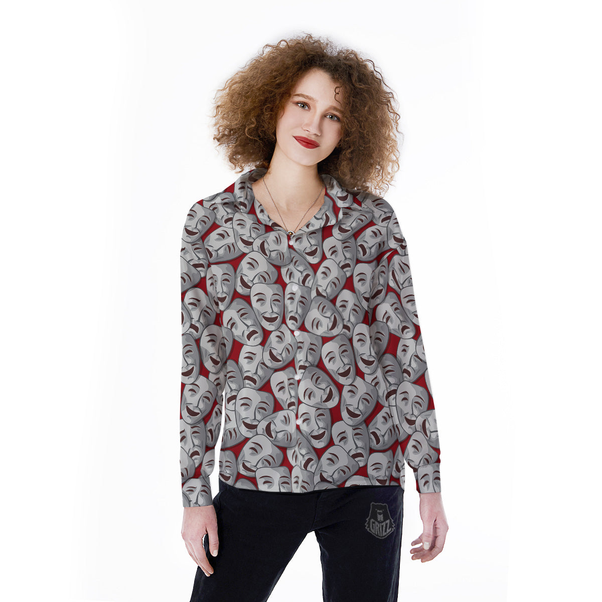Happy And Sad Theatrical Masks Print Pattern Women's Long Sleeve Shirts-grizzshop