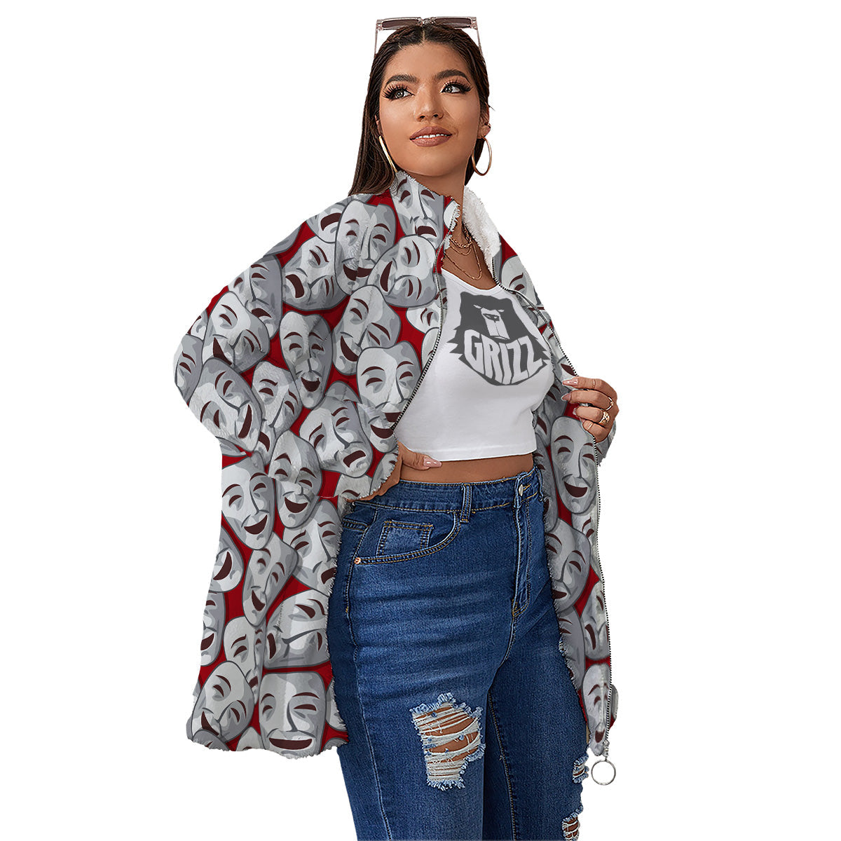 Happy And Sad Theatrical Masks Print Pattern Women's Sherpa Jacket-grizzshop