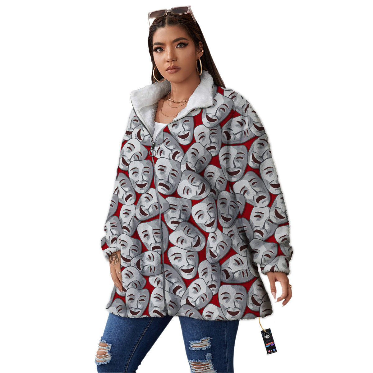 Happy And Sad Theatrical Masks Print Pattern Women's Sherpa Jacket-grizzshop
