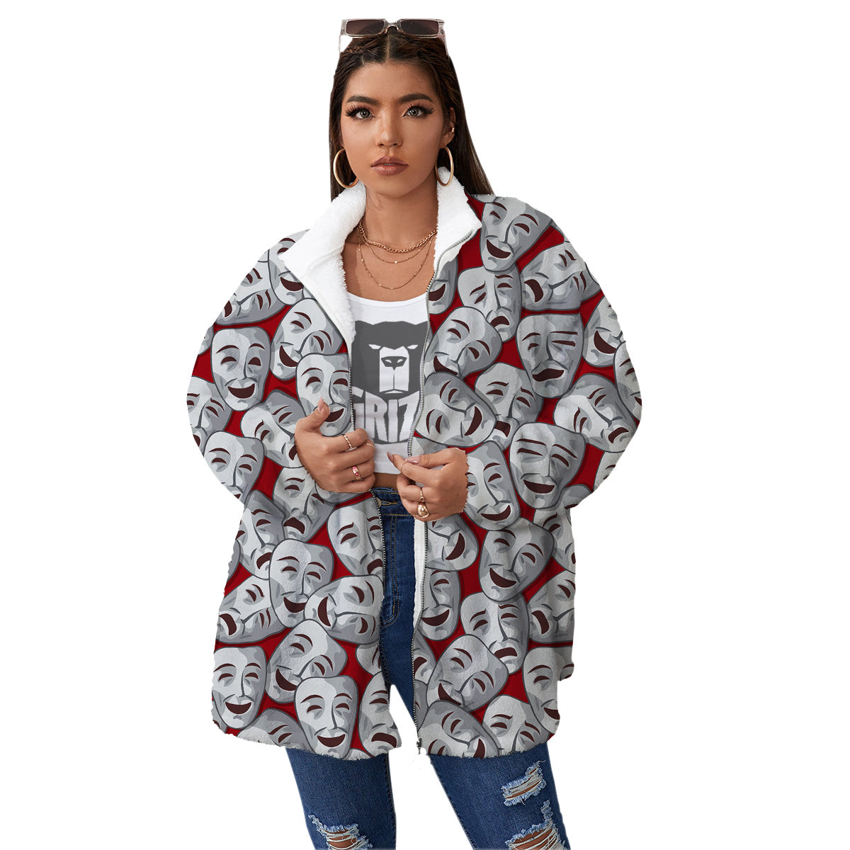 Happy And Sad Theatrical Masks Print Pattern Women's Sherpa Jacket-grizzshop