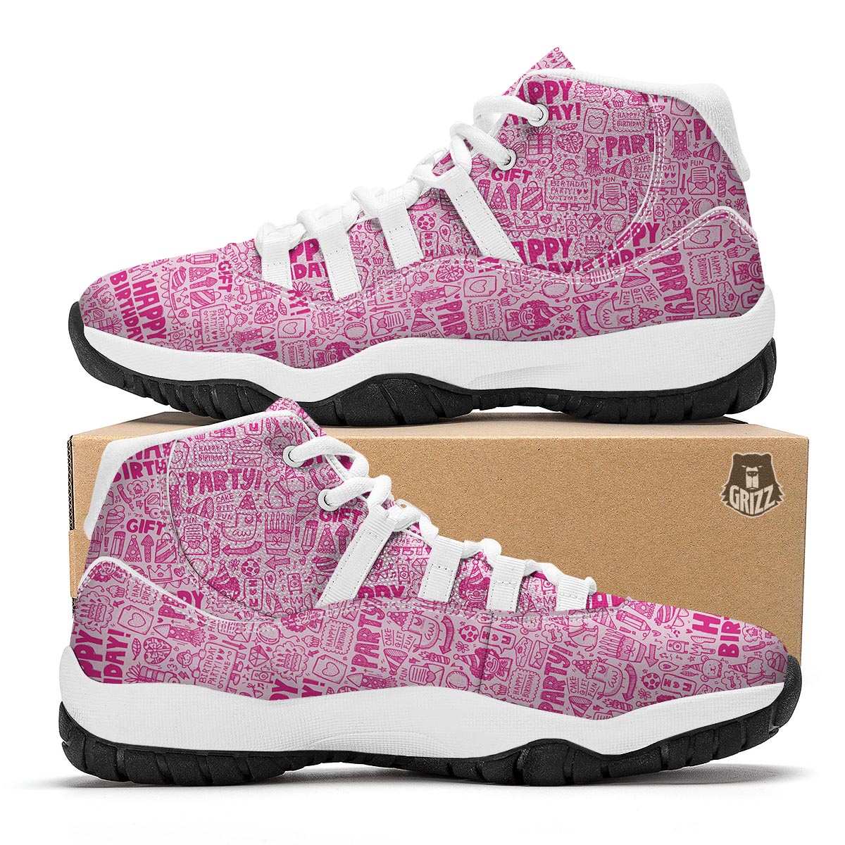 Happy Birthday Pattern Print White Bball Shoes-grizzshop