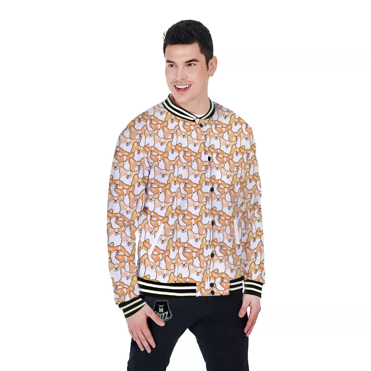 Happy Corgi Print Pattern Baseball Jacket-grizzshop