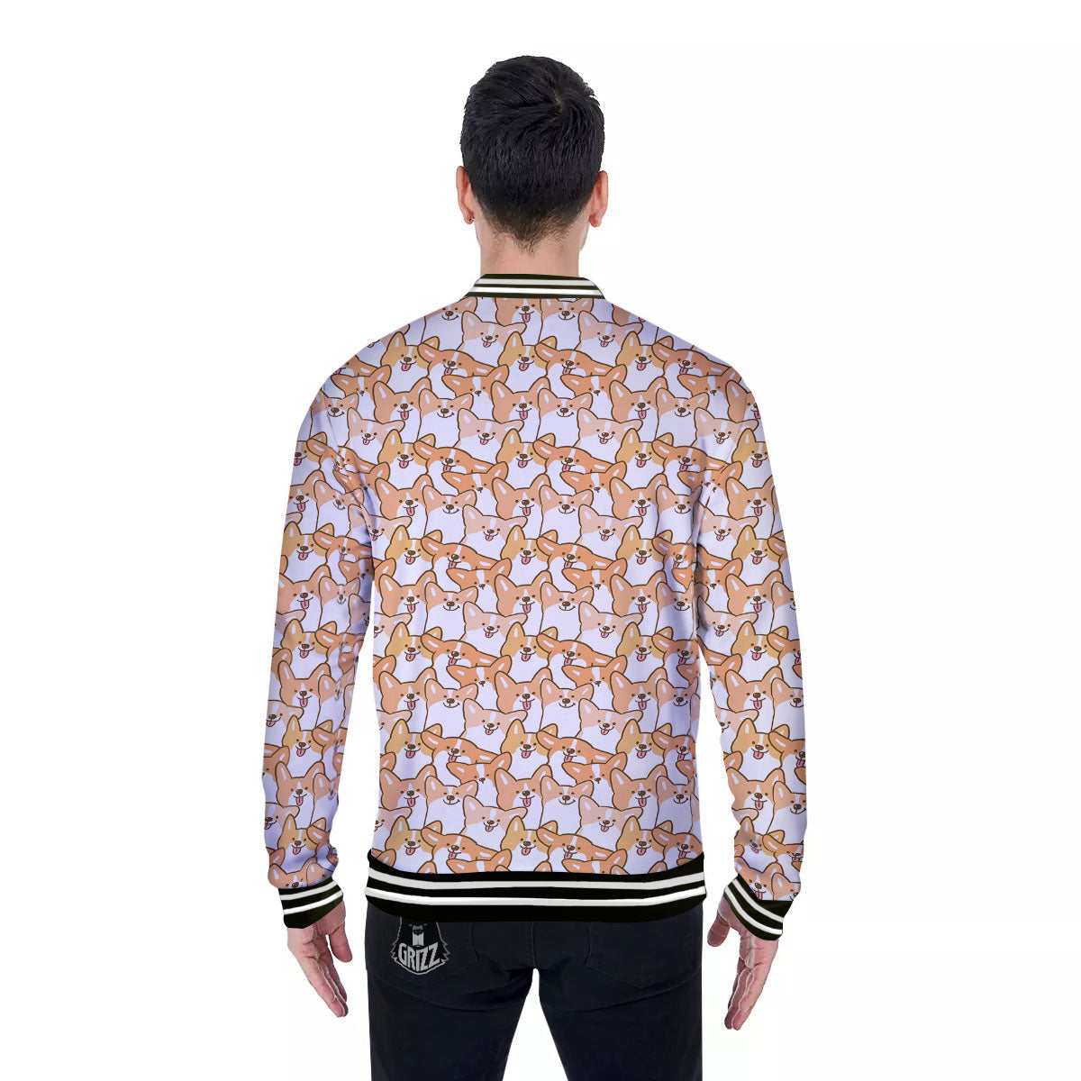 Happy Corgi Print Pattern Baseball Jacket-grizzshop
