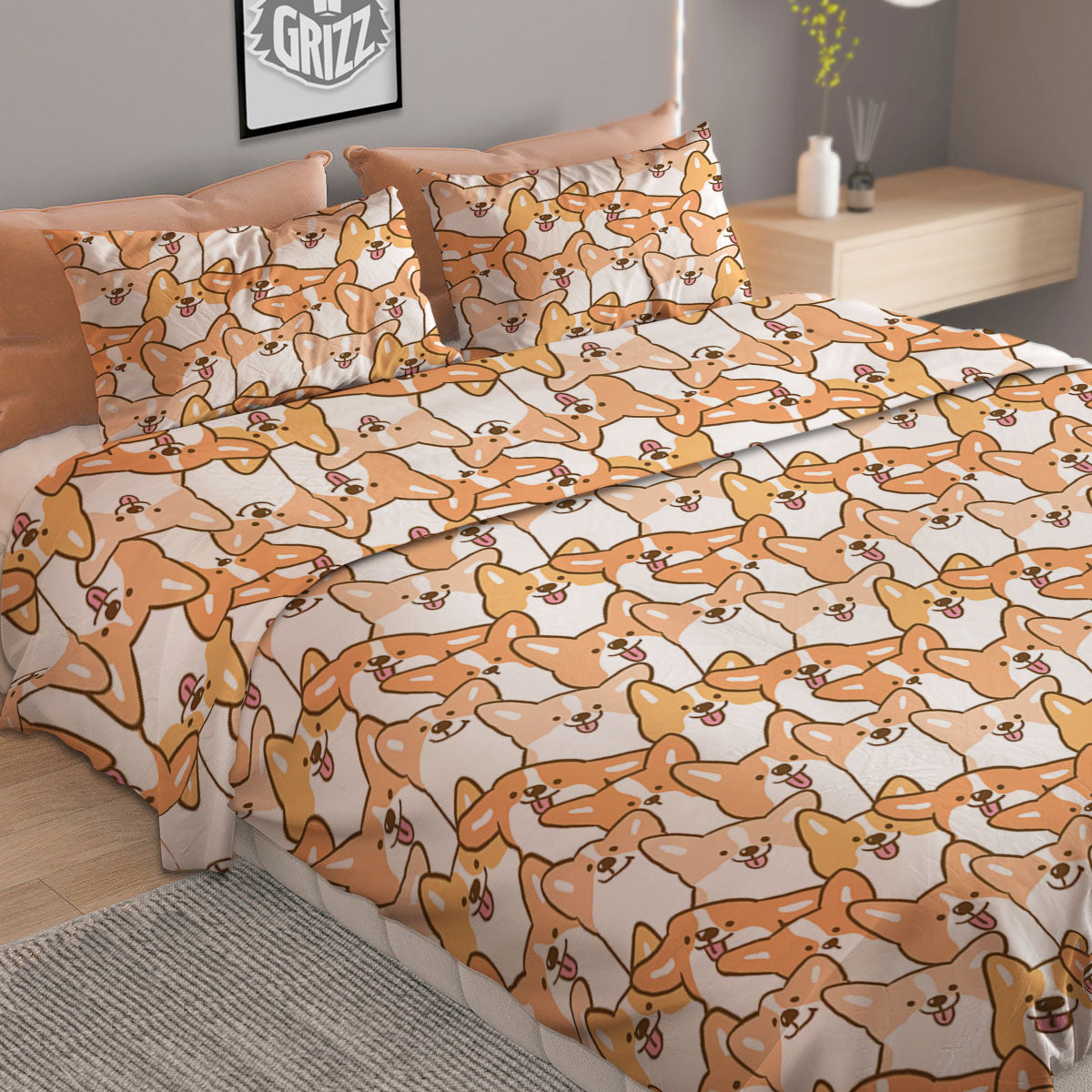 Happy Corgi Print Pattern Duvet Cover Bedding Set