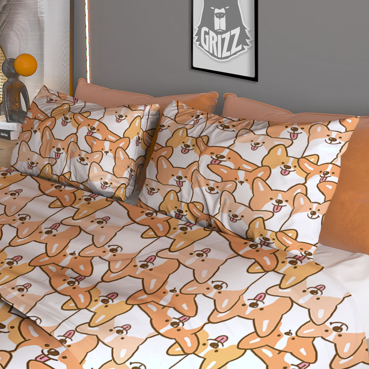 Happy Corgi Print Pattern Duvet Cover Bedding Set