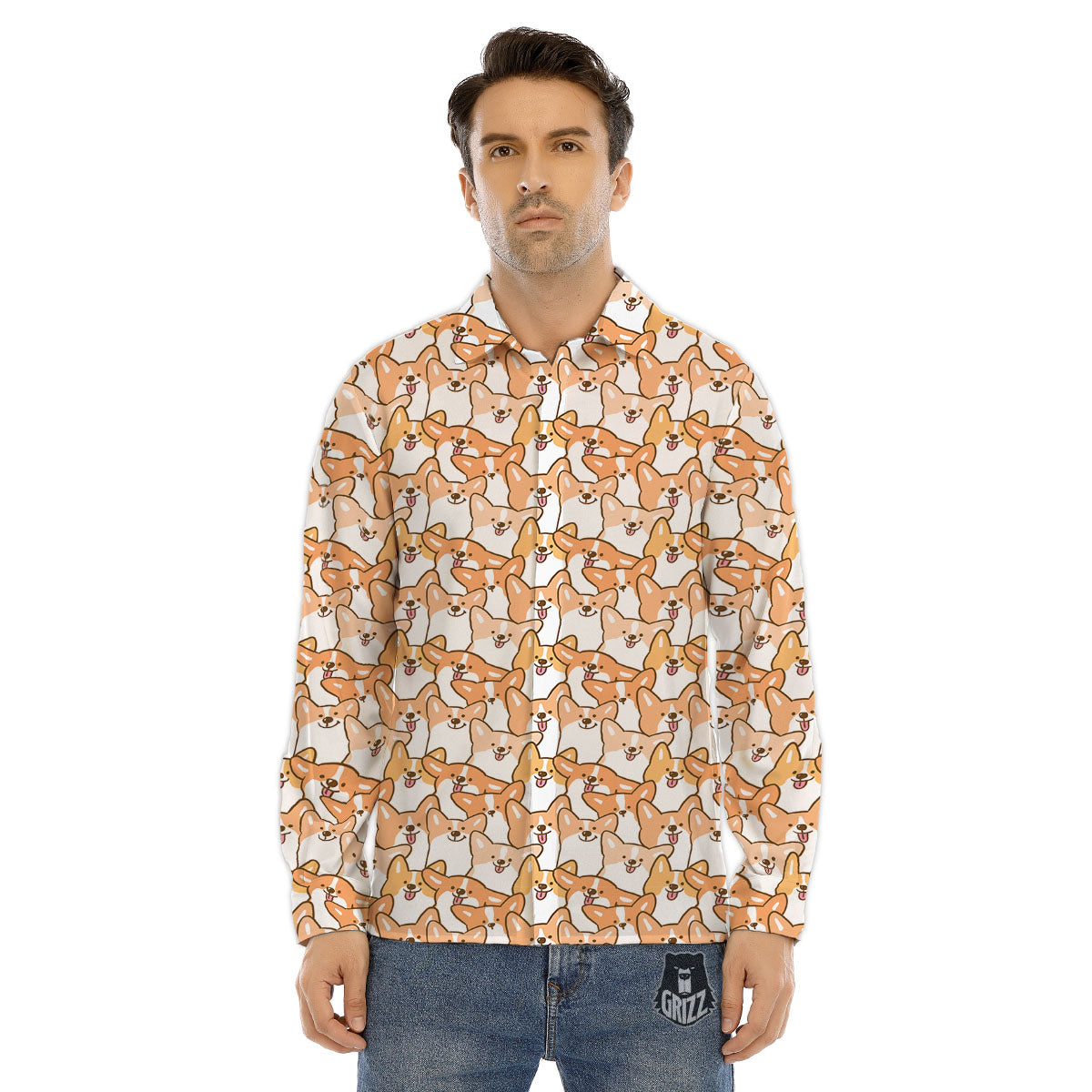 Happy Corgi Print Pattern Men's Dress Shirts-grizzshop