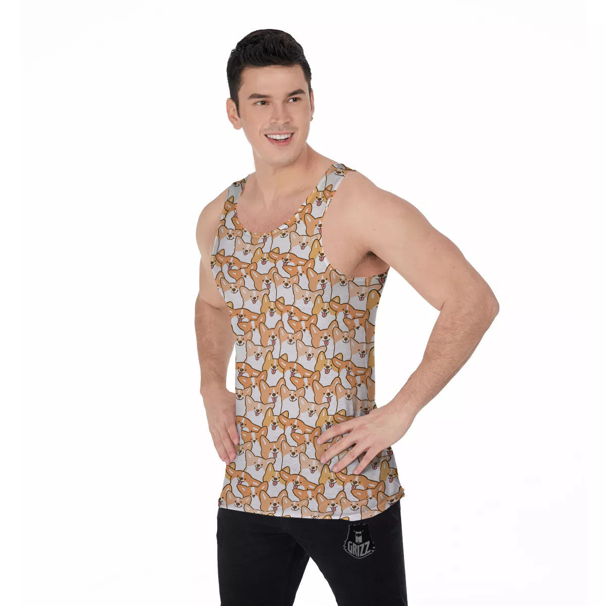 Happy Corgi Print Pattern Men's Tank Top-grizzshop