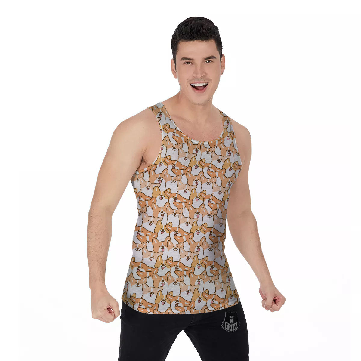 Happy Corgi Print Pattern Men's Tank Top-grizzshop
