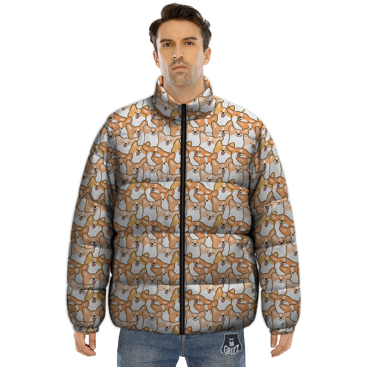 Happy Corgi Print Pattern Puffer Jacket-grizzshop