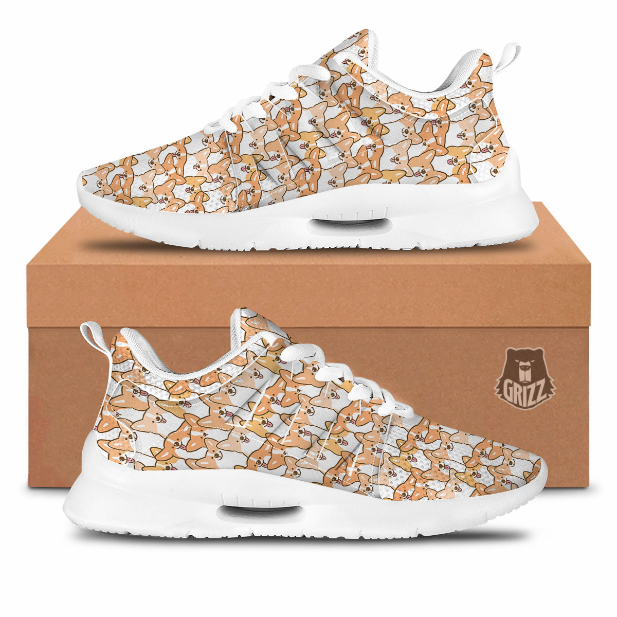 Happy Corgi Print Pattern Tennis Shoes-grizzshop