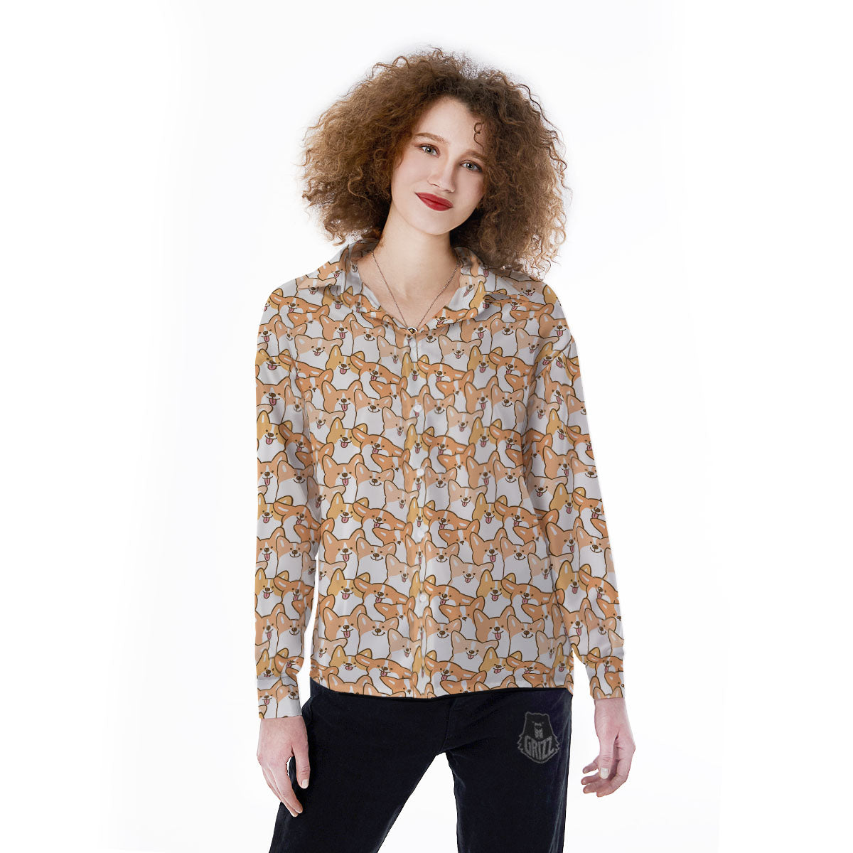 Happy Corgi Print Pattern Women's Long Sleeve Shirts-grizzshop