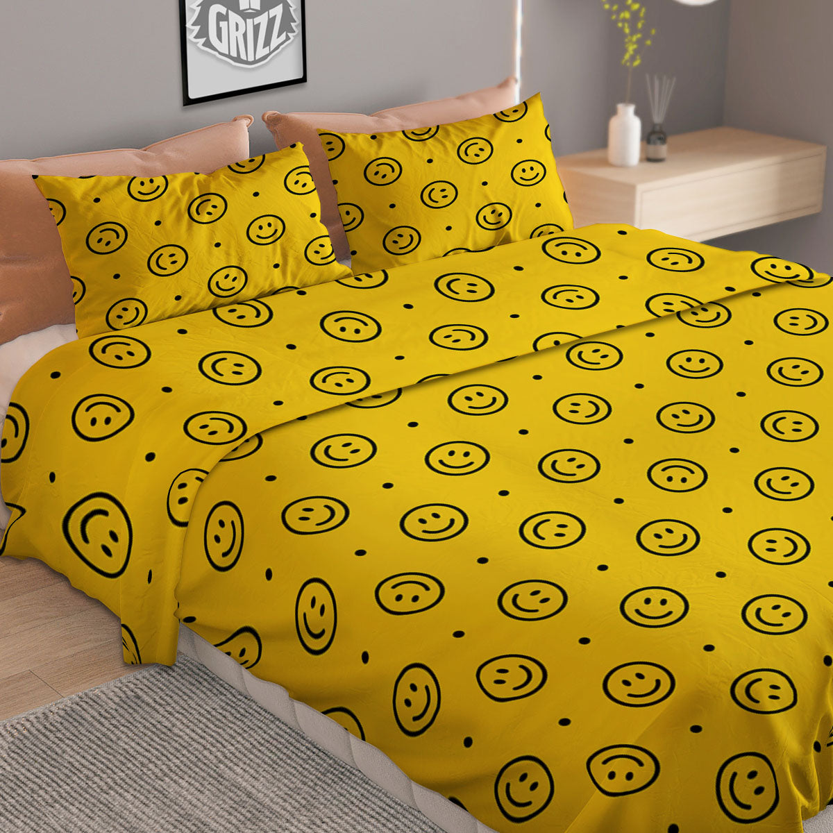 Happy Emoji Print Pattern Duvet Cover Bedding Set