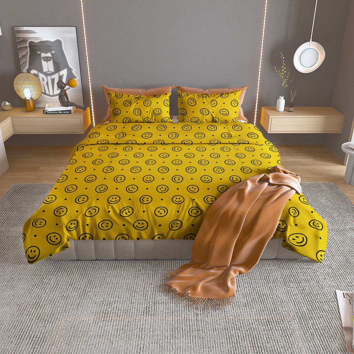 Happy Emoji Print Pattern Duvet Cover Bedding Set