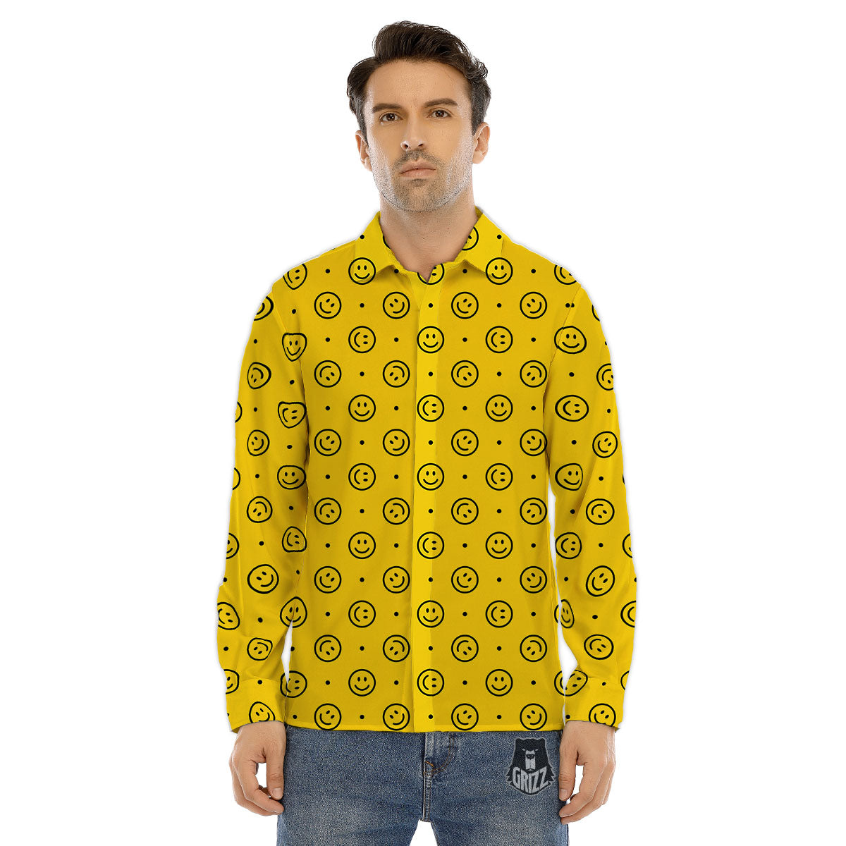 Happy Emoji Print Pattern Men's Dress Shirts-grizzshop