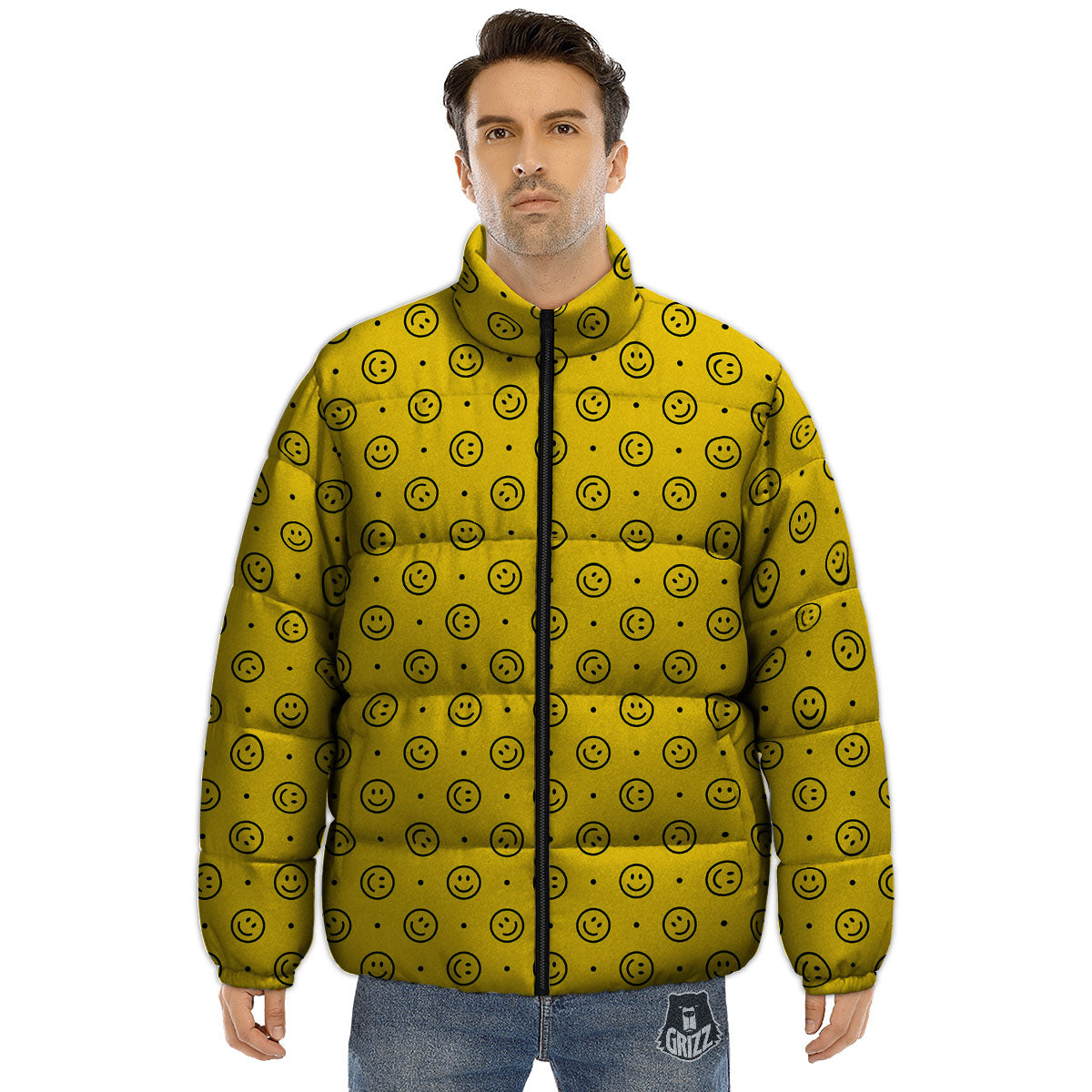Happy Emoji Print Pattern Puffer Jacket-grizzshop