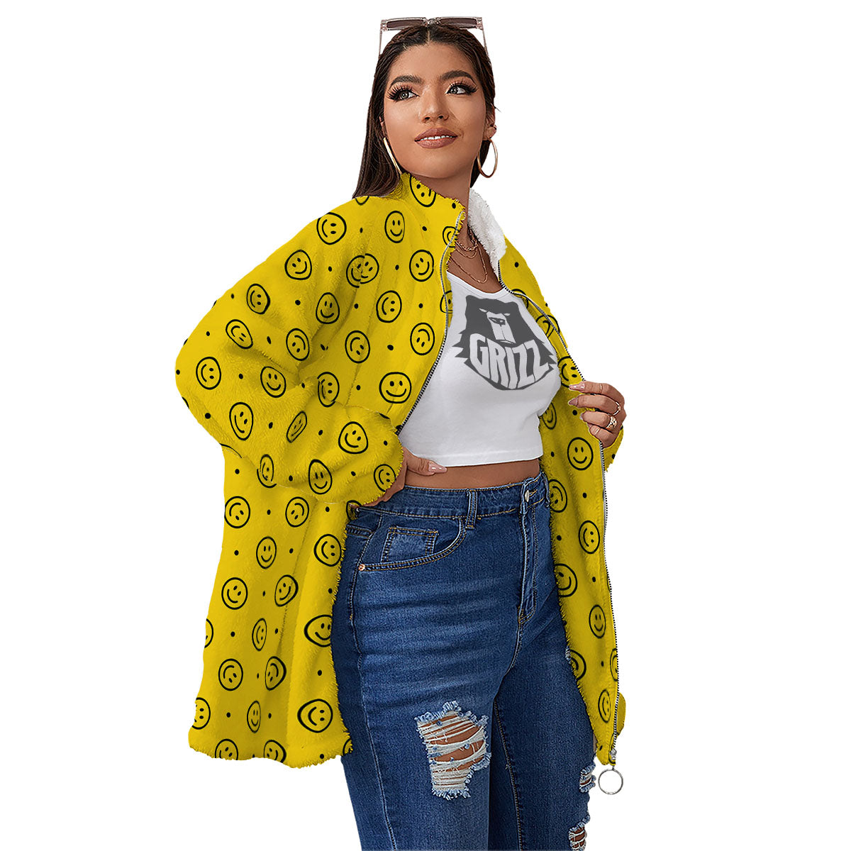 Happy Emoji Print Pattern Women's Sherpa Jacket-grizzshop