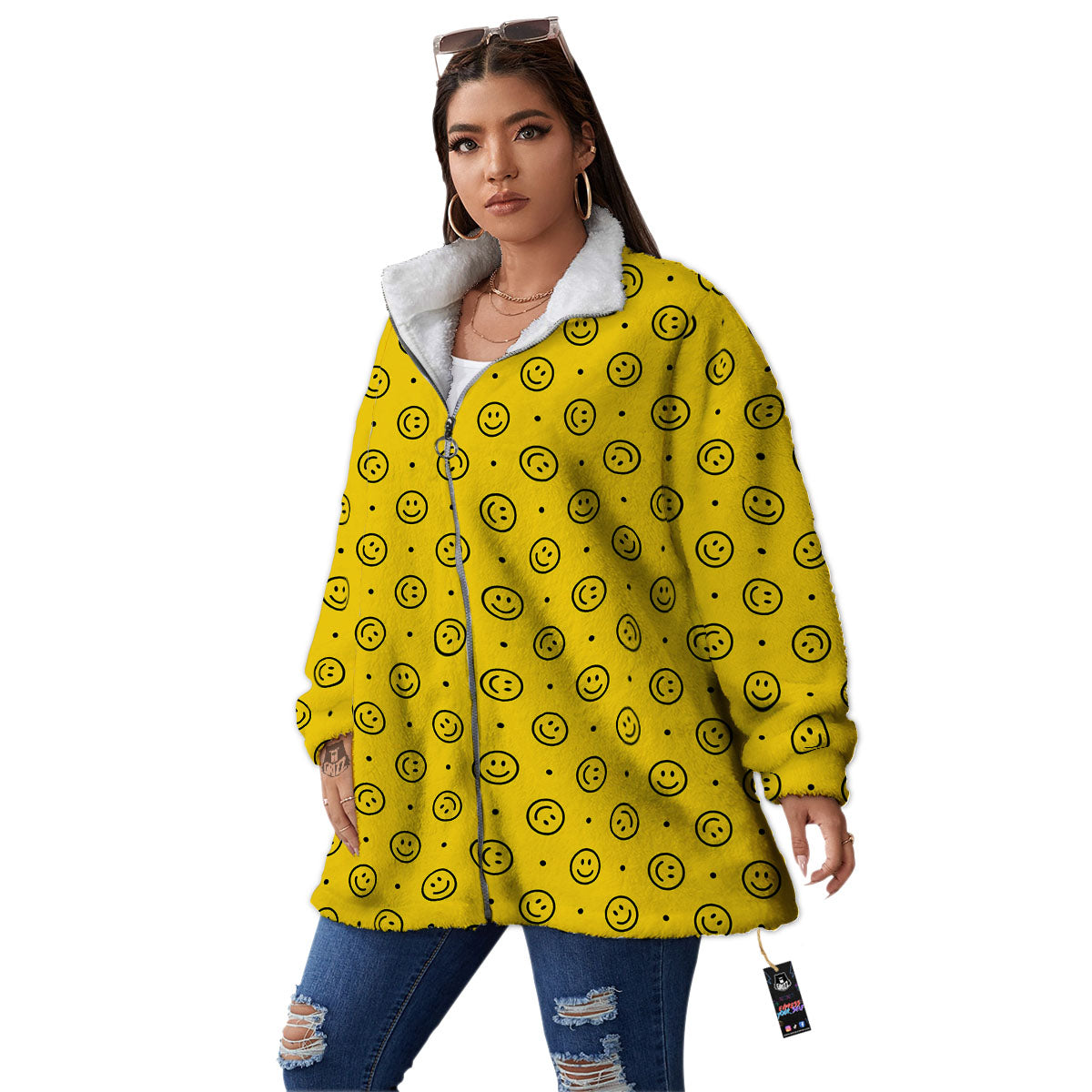 Happy Emoji Print Pattern Women's Sherpa Jacket-grizzshop