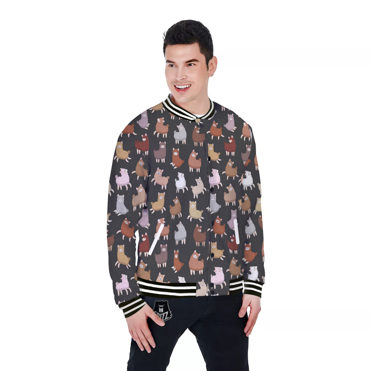 Happy Llama Print Pattern Baseball Jacket-grizzshop