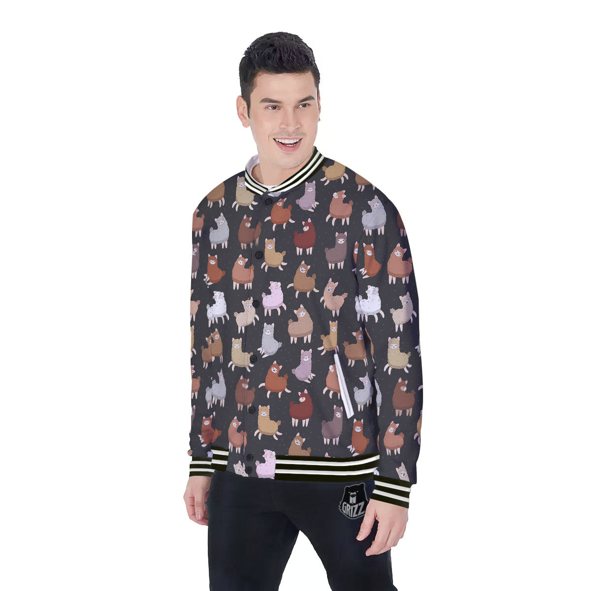 Happy Llama Print Pattern Baseball Jacket-grizzshop