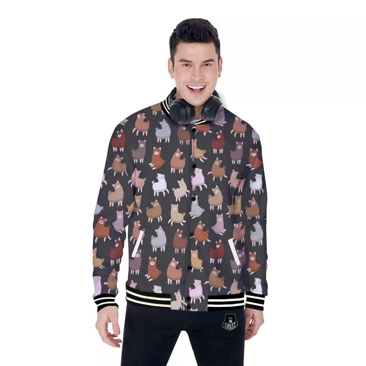 Happy Llama Print Pattern Baseball Jacket-grizzshop