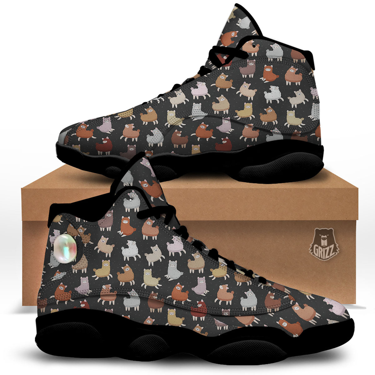 Happy Llama Print Pattern Black Basketball Shoes-grizzshop