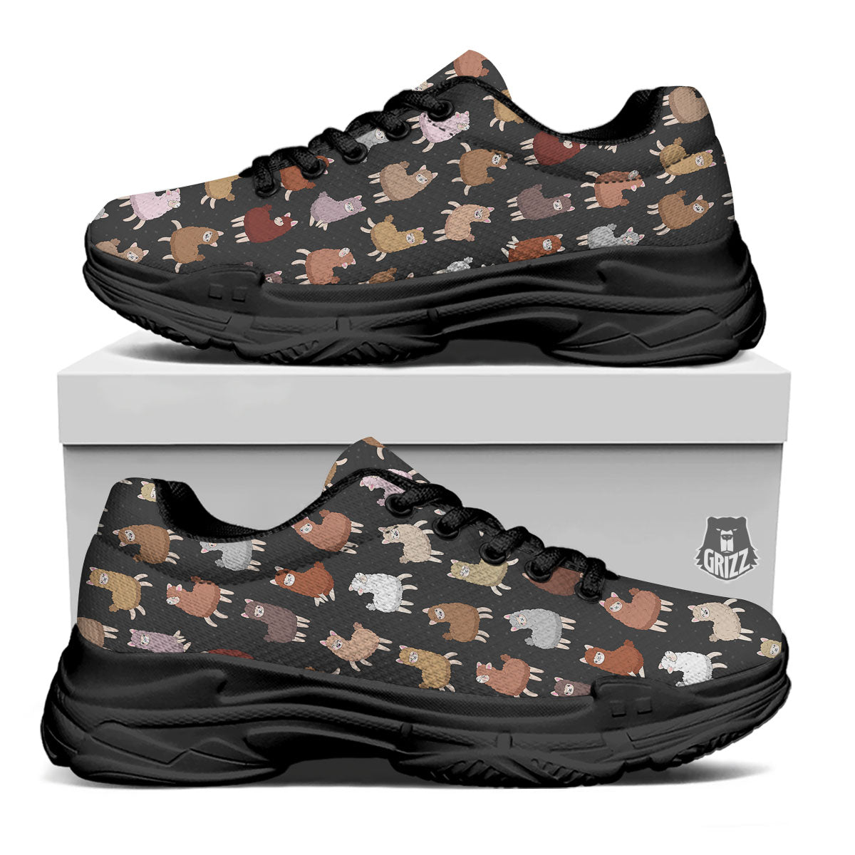 Happy Llama Print Pattern Black Chunky Shoes-grizzshop