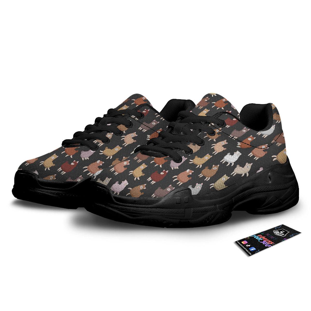 Happy Llama Print Pattern Black Chunky Shoes-grizzshop