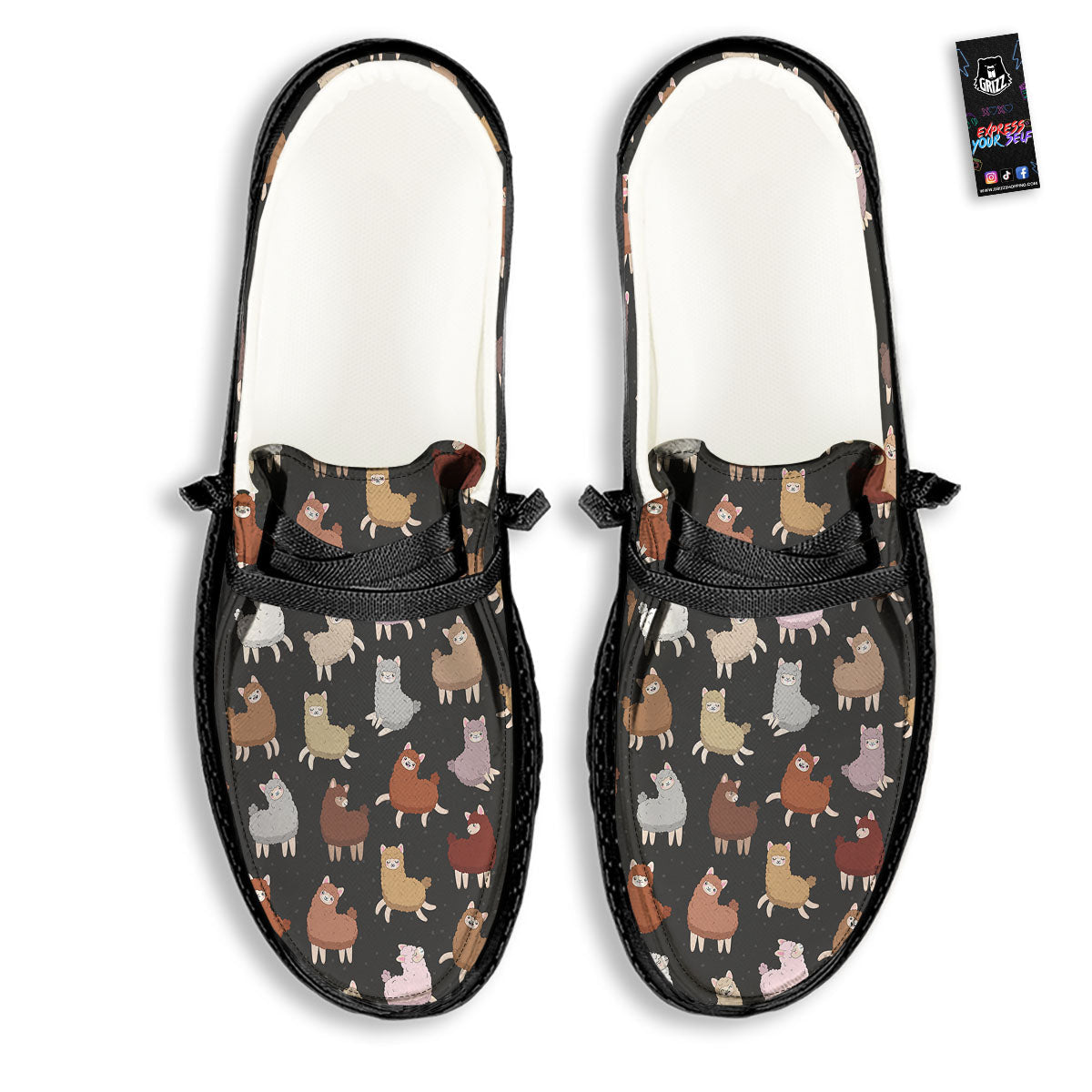 Happy Llama Print Pattern Black Loafers-grizzshop
