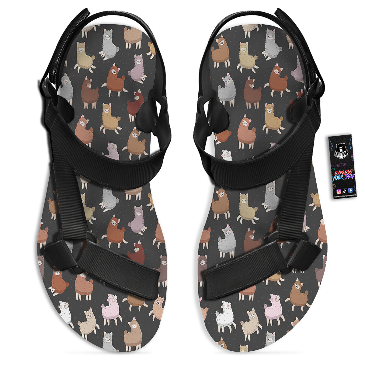 Happy Llama Print Pattern Black Open Toe Sandals-grizzshop