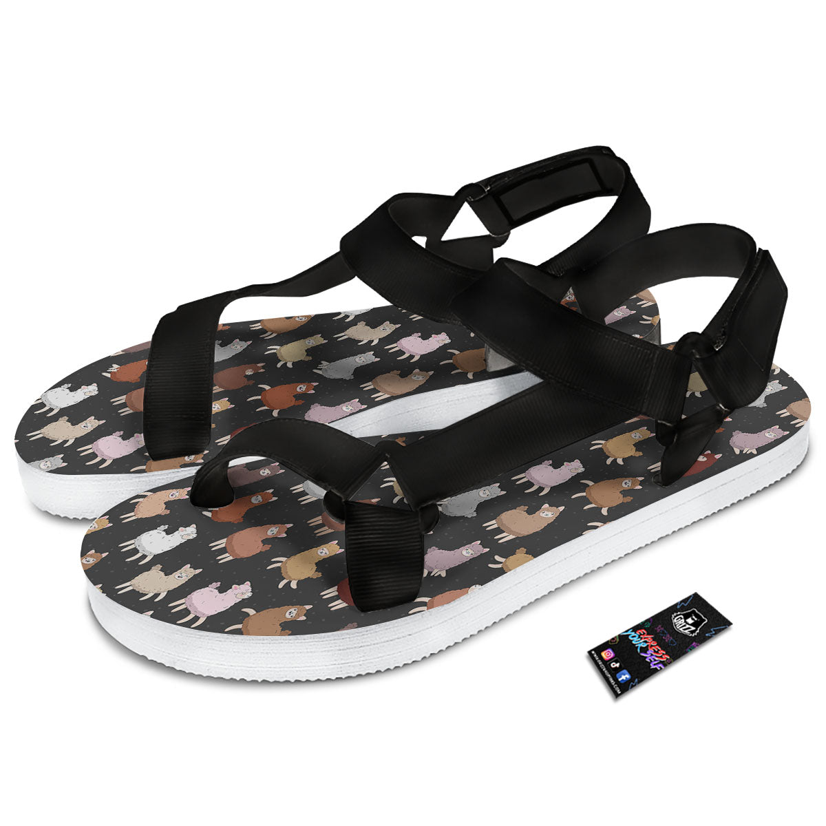 Happy Llama Print Pattern Black Open Toe Sandals-grizzshop