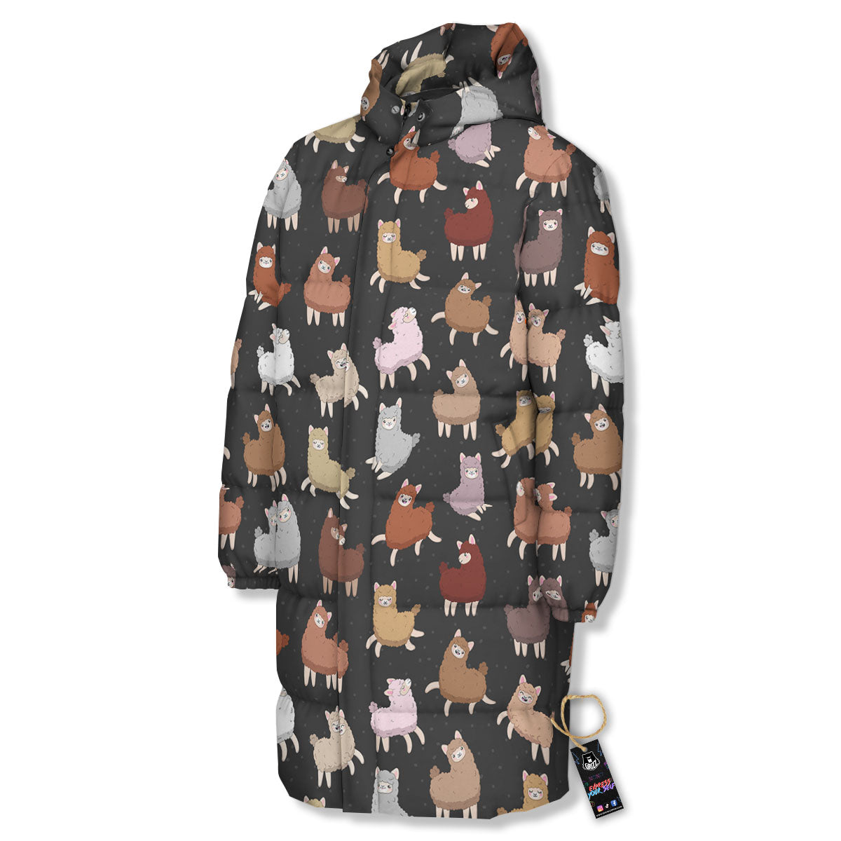 Happy Llama Print Pattern Long Down Jacket-grizzshop