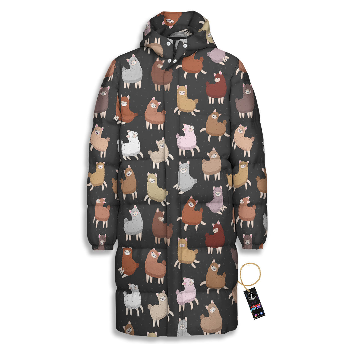 Happy Llama Print Pattern Long Down Jacket-grizzshop