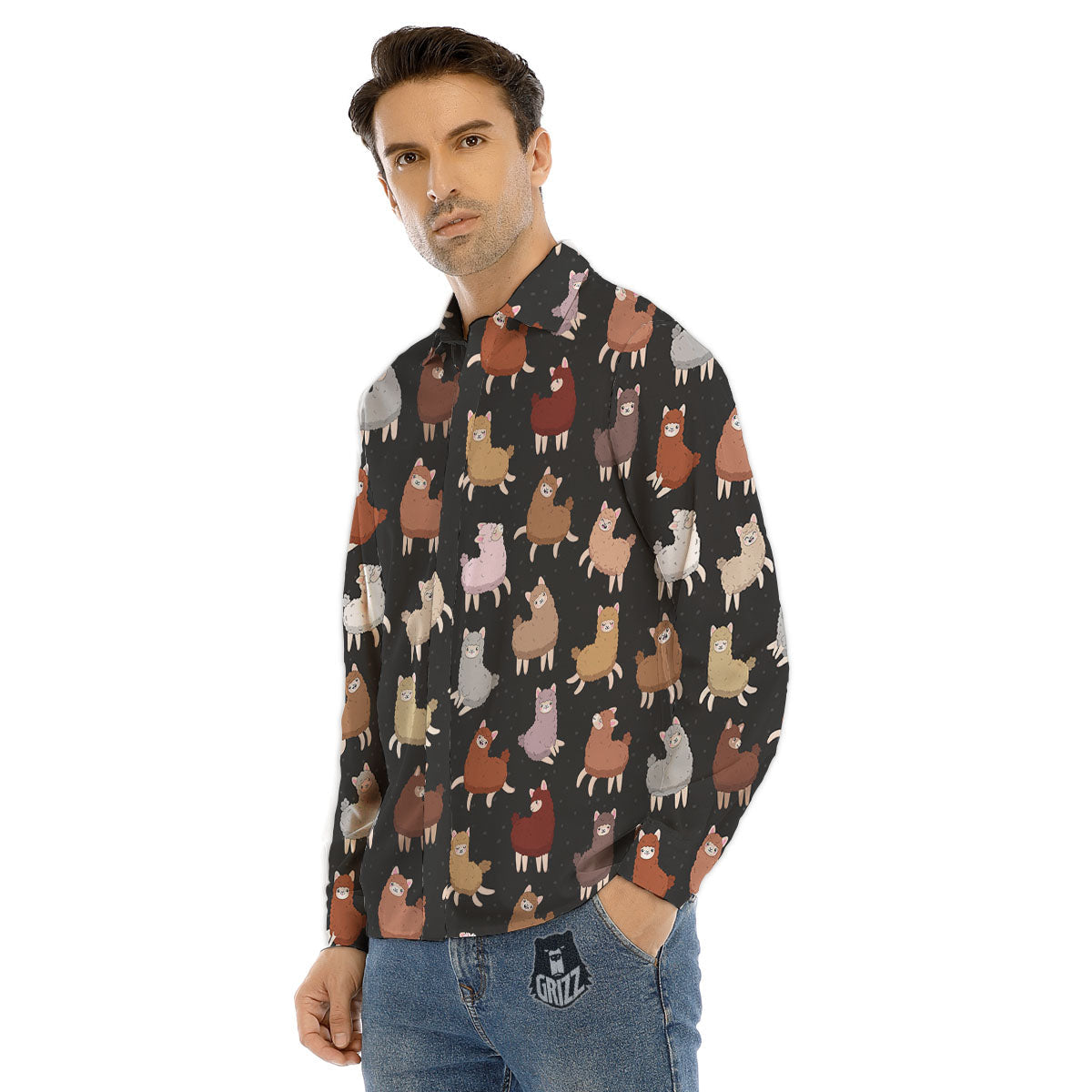 Happy Llama Print Pattern Men's Dress Shirts-grizzshop